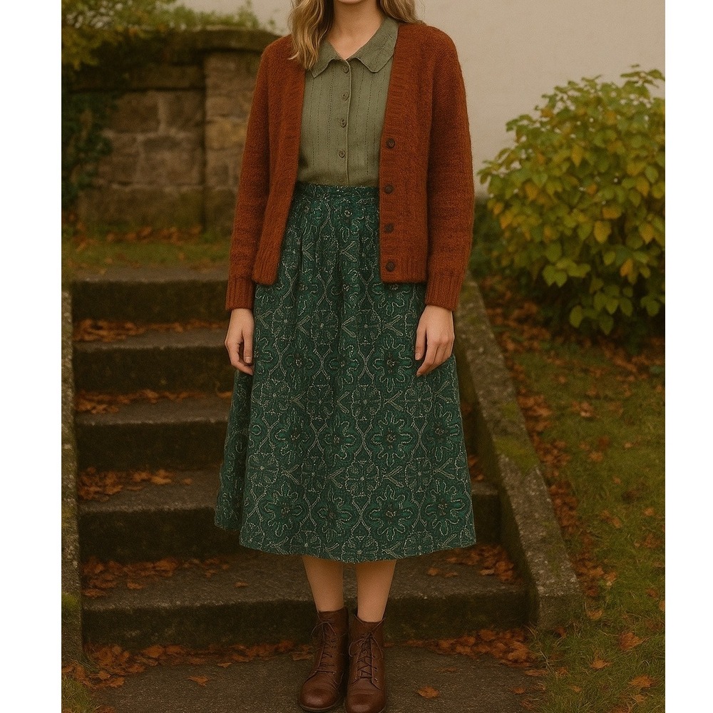 Vintage 90s Jones Wear Green Bandanna Paisley Midi Skirt Pleated‎ High Waist